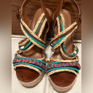 Chinese Laundry Wedges PERFECT Spring Break Sandal Teal & Red Robe Detailing